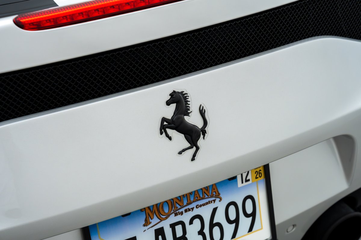 Close-up of a black Ferrari Prancing Horse emblem on the white rear trim of a 2015 Ferrari 458 Speciale.