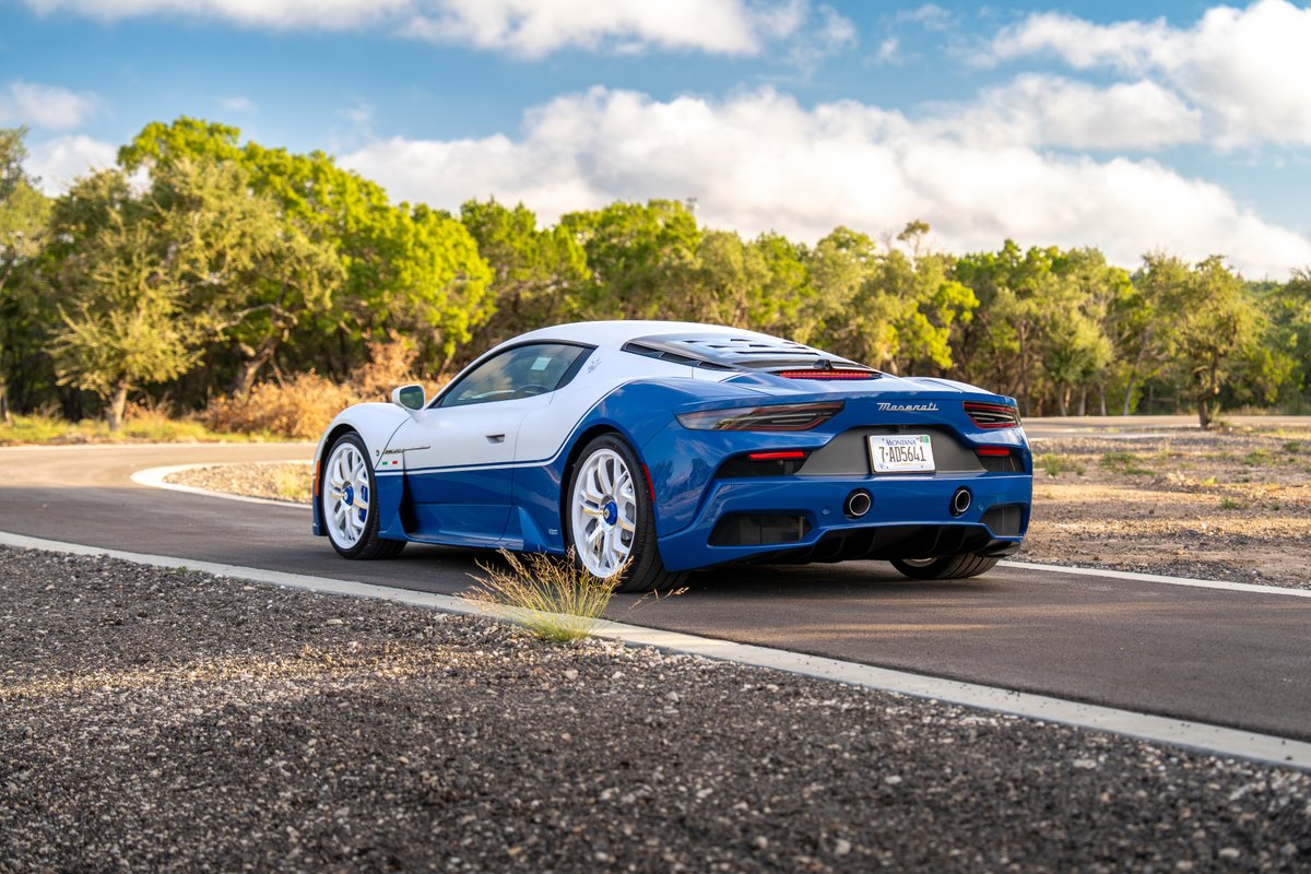 2024 Maserati MC20 Icona in blue and white livery, with white rims.