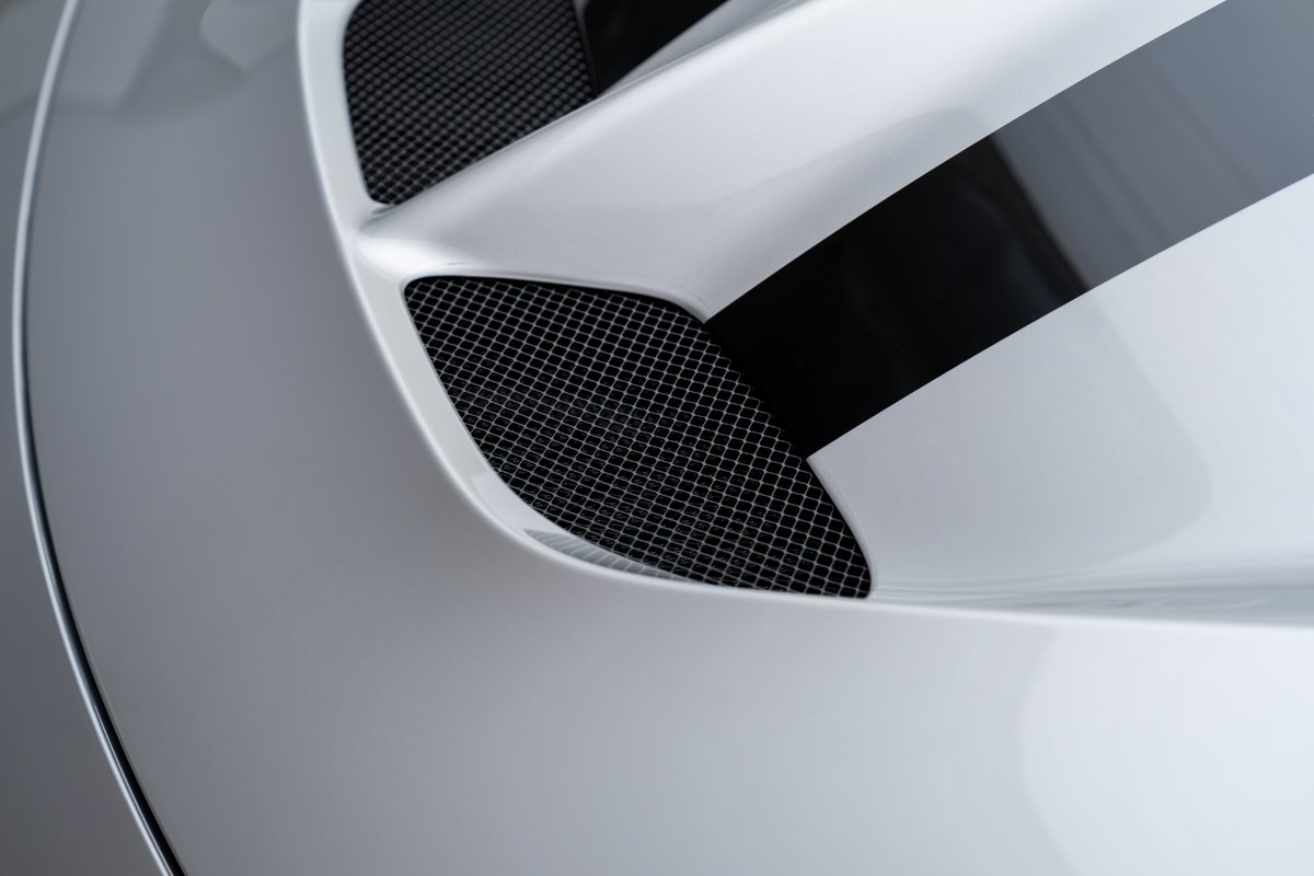 Close-up of a 2015 Ferrari 458 Speciale's silver bodywork with black racing stripes and mesh vents.