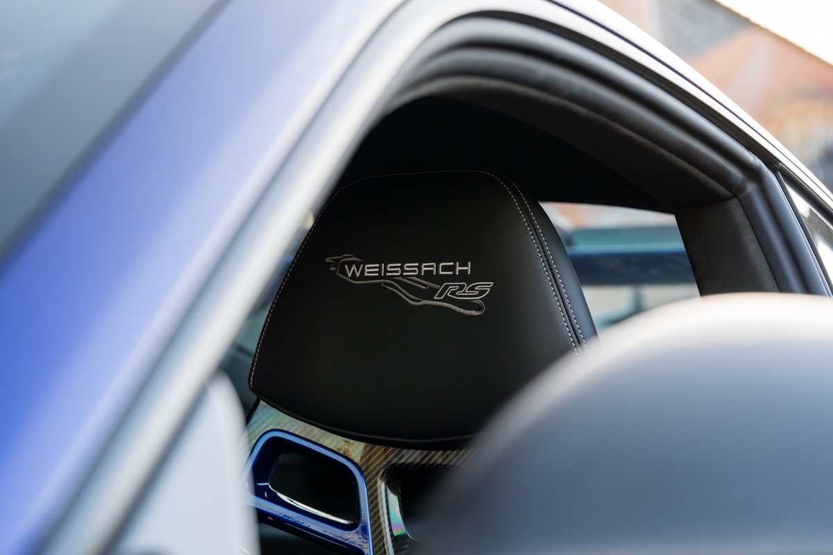 Close-up of a black headrest with "Weissach RS" embroidery in a 2025 Porsche 911 GT3 RS.