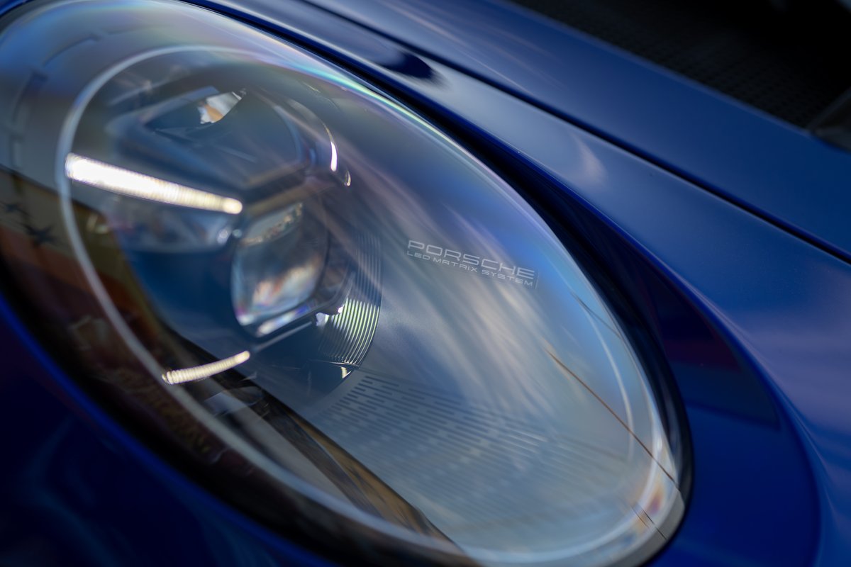 Close-up of a 2025 Porsche 911 GT3 RS headlight with LED matrix system.