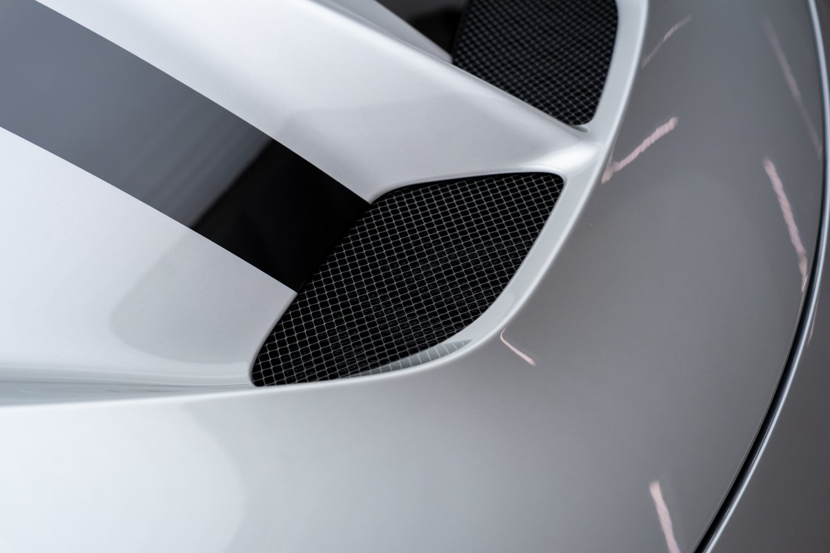 Close-up of 2015 Ferrari 458 Speciale hood with silver paint and black racing stripes.