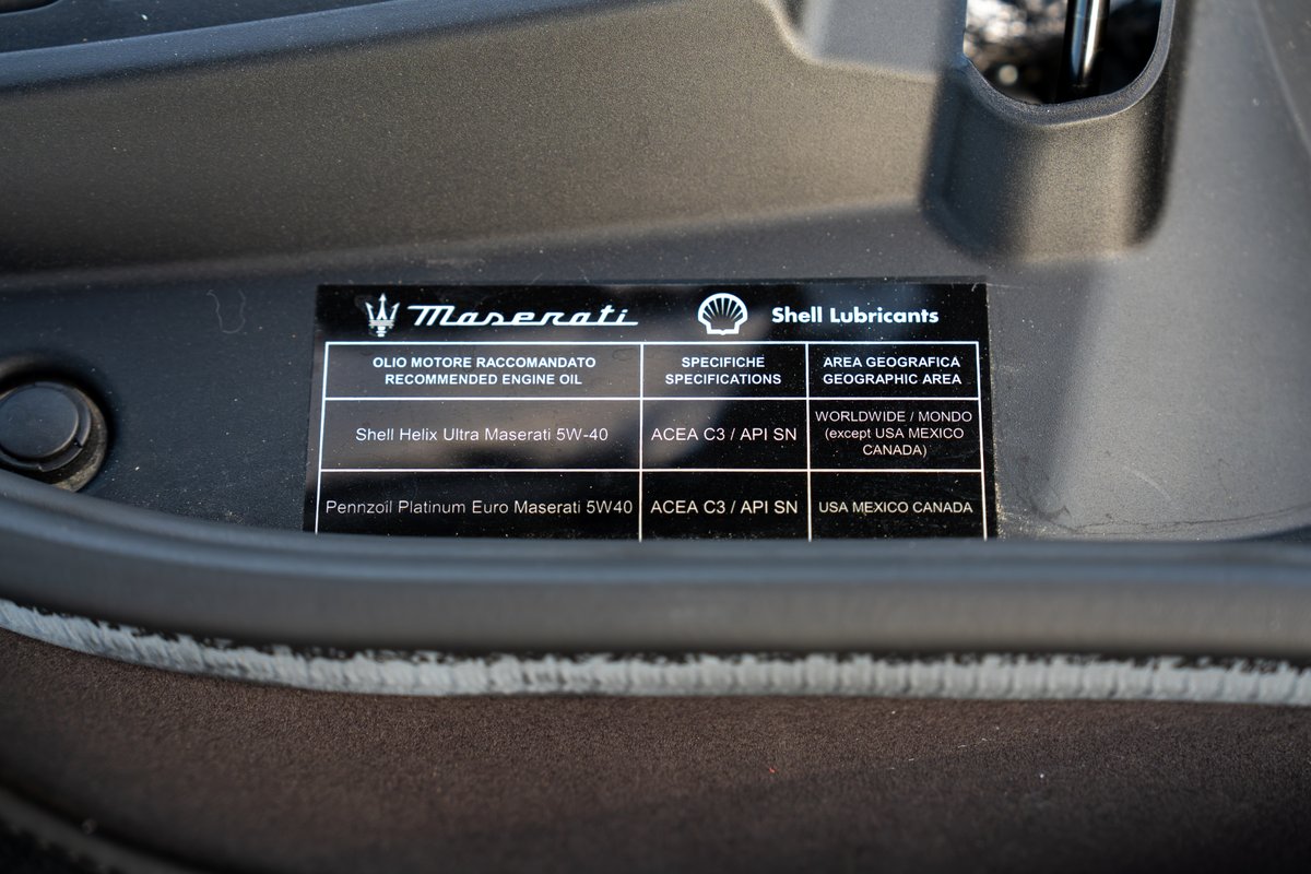Maserati MC20 oil specification sticker with Shell Helix Ultra engine oil.