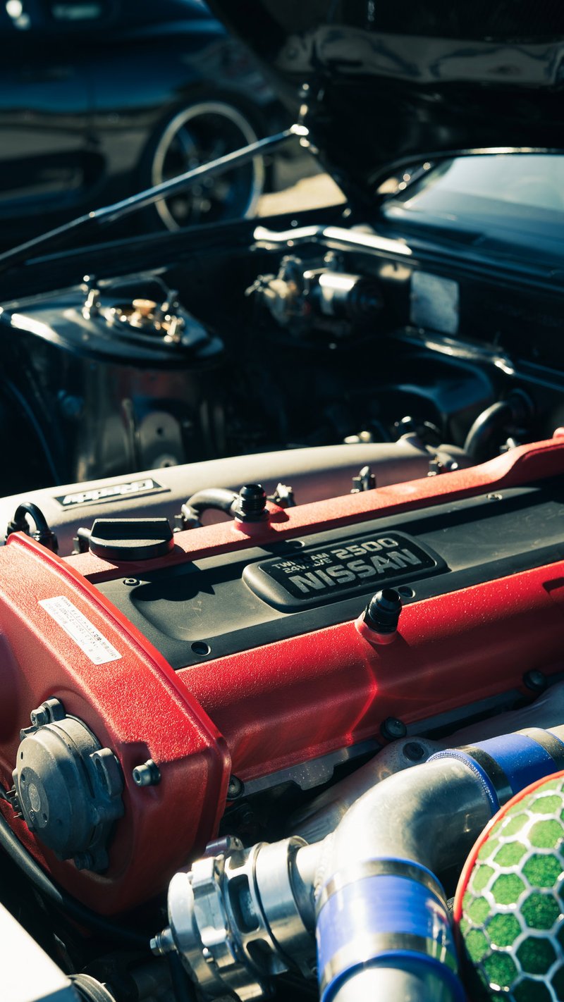 Black Nissan Skyline's custom Nissan RB25 Twin Cam 24V engine. Red valve cover, green filter, blue couplers, polished intake.