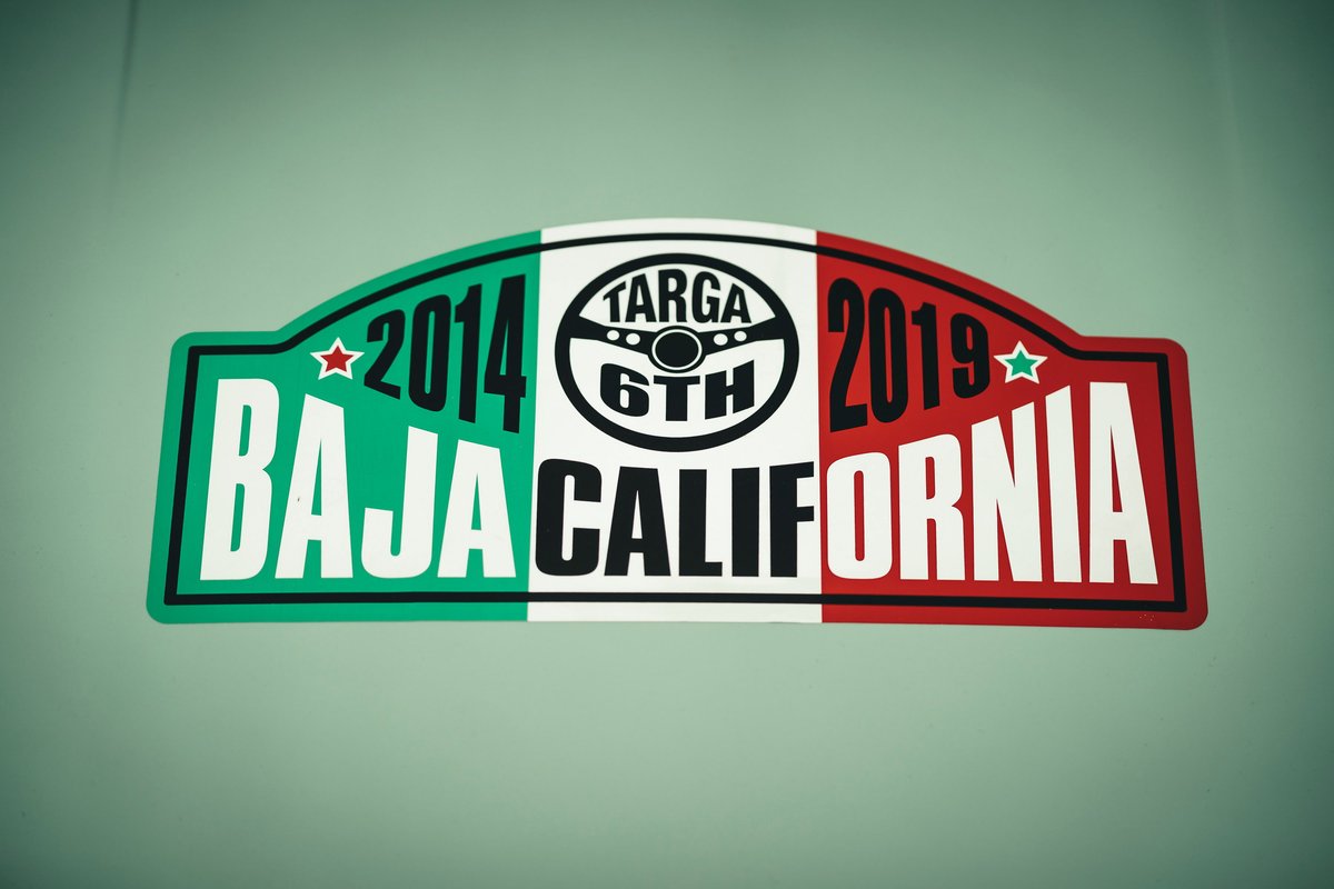 Mexican flag themed Targa Baja California rally decal on a light green custom show car's livery.