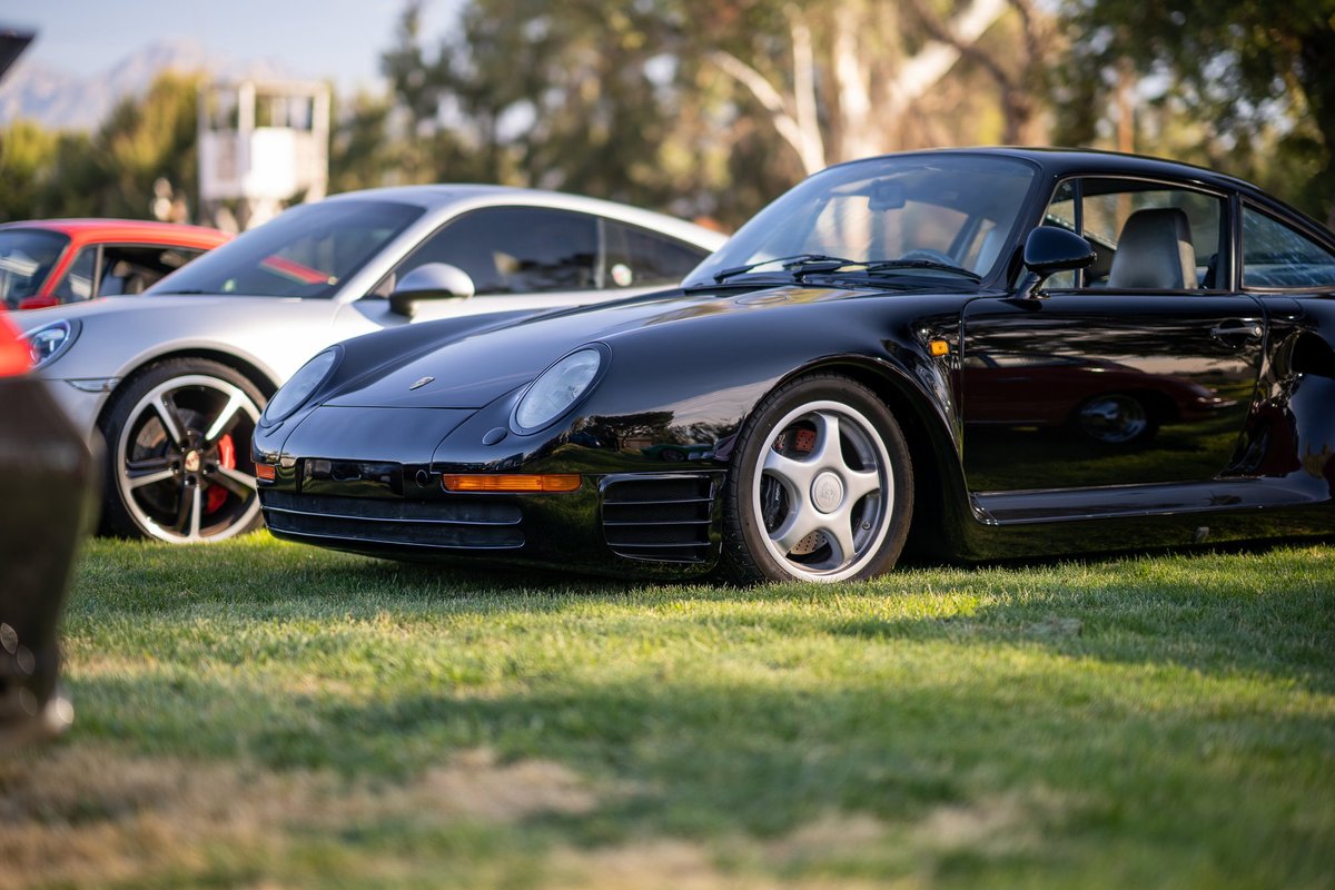 Black Porsche 959 sports car with classic five-star rims parked on grass.
