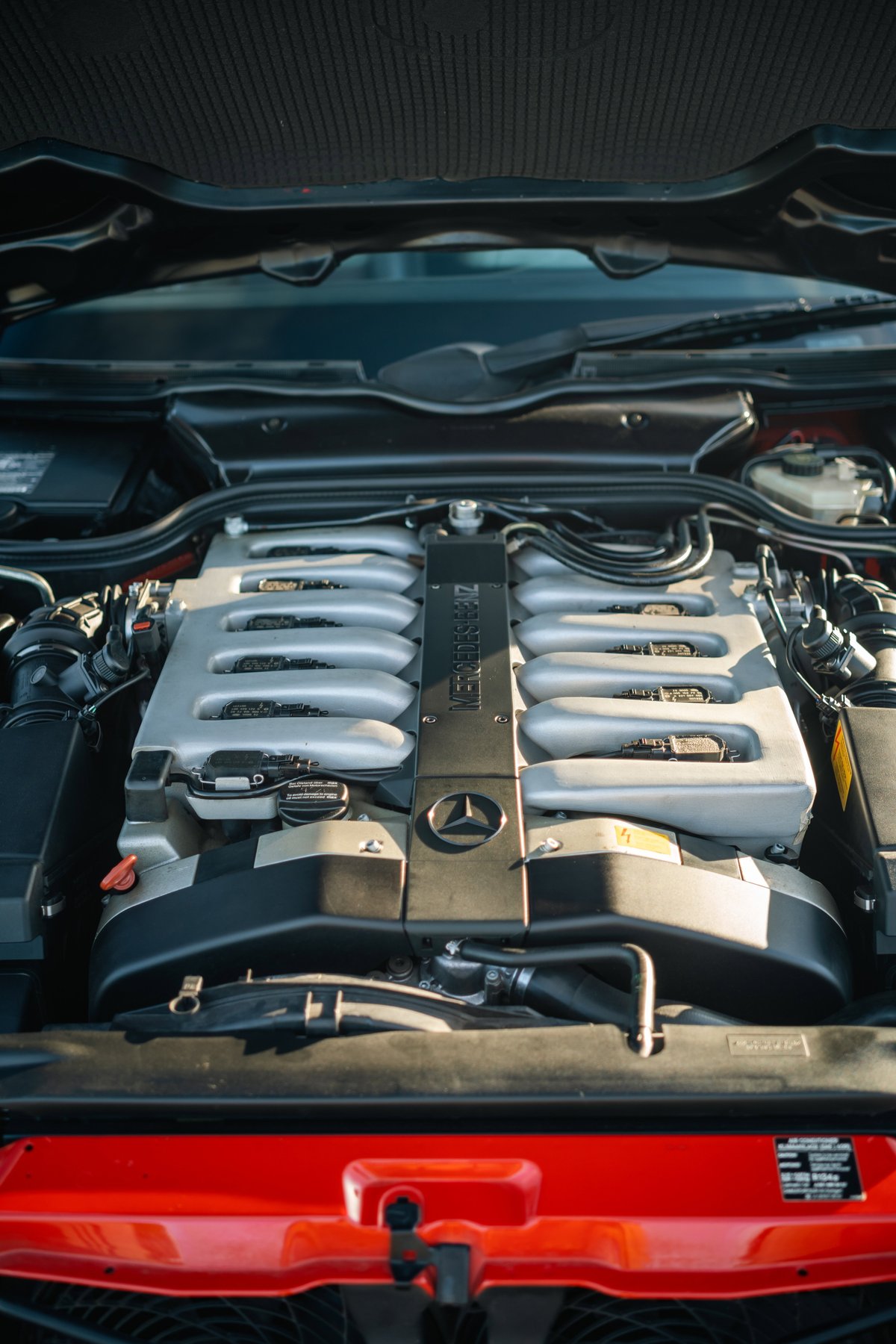 2001 Mercedes-Benz SL600 V12 engine in Magna Red coupe.
