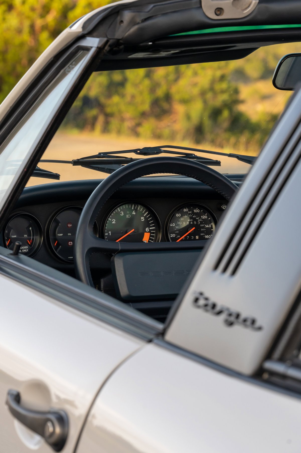 1987 Porsche 911 Carrera Targa interior. Marble Grey Targa trim detail and dashboard gauges.