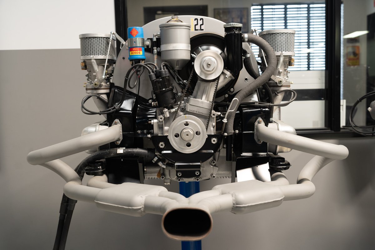 VW Beetle engine with #22 race livery, dual carburetors and custom exhaust.
