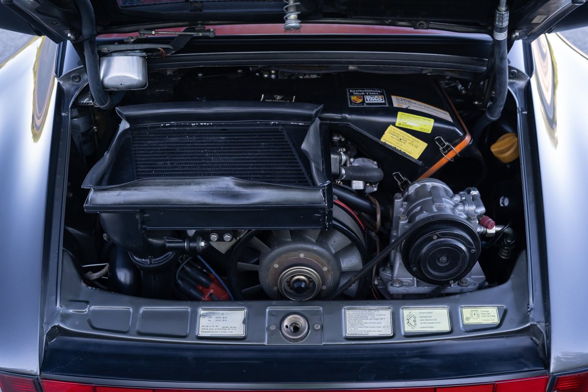 Slate Grey Metallic 1989 Porsche 930 Turbo Flachbau engine bay.