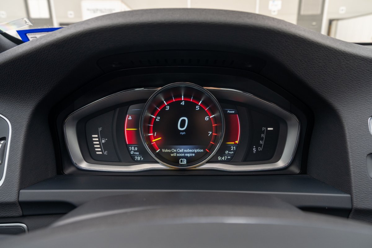 2015 Volvo V60 Polestar digital dashboard showing 0 mph, fuel, and power meters.