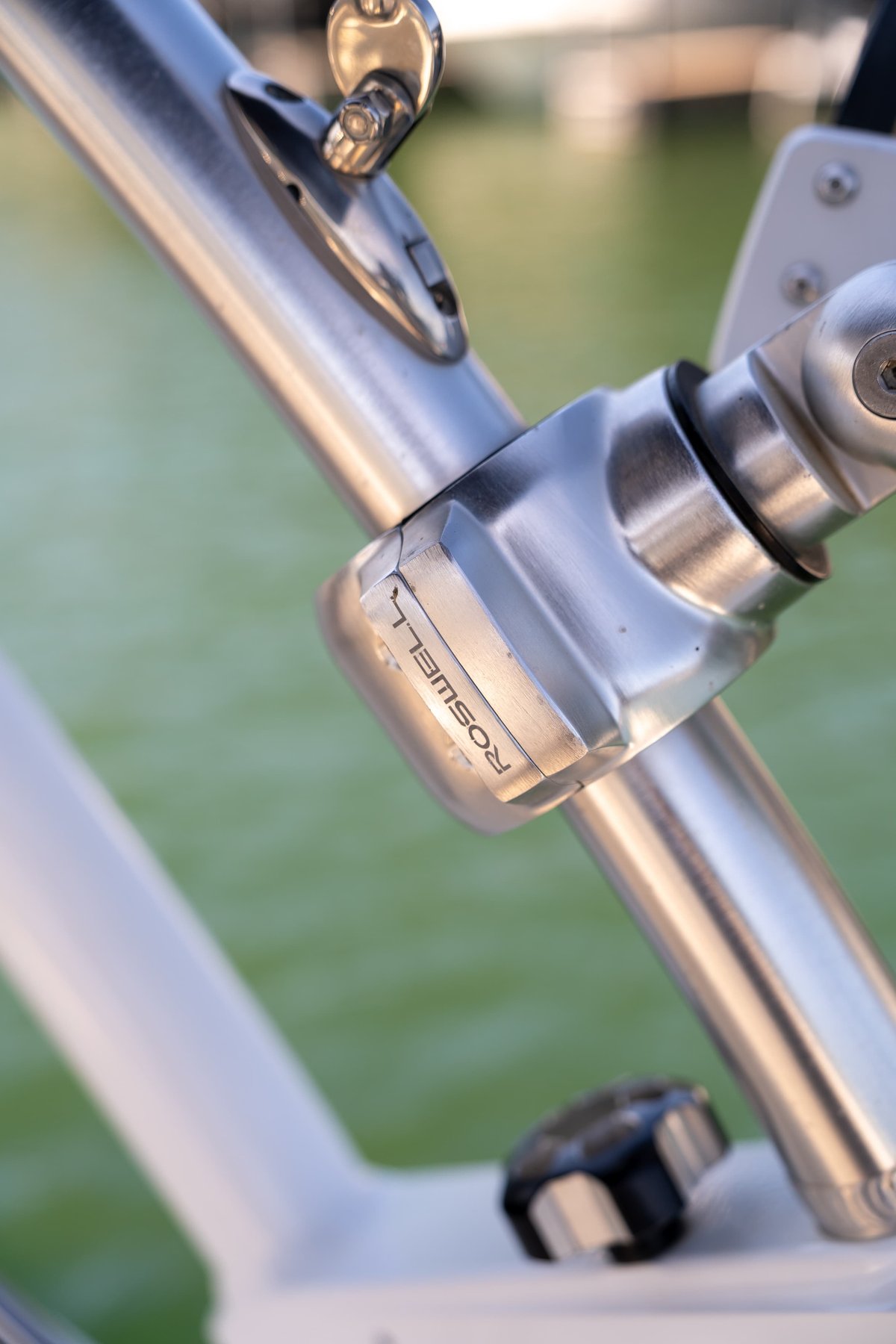 Cobalt R7 Surf boat's polished chrome Roswell tow tower fitting.