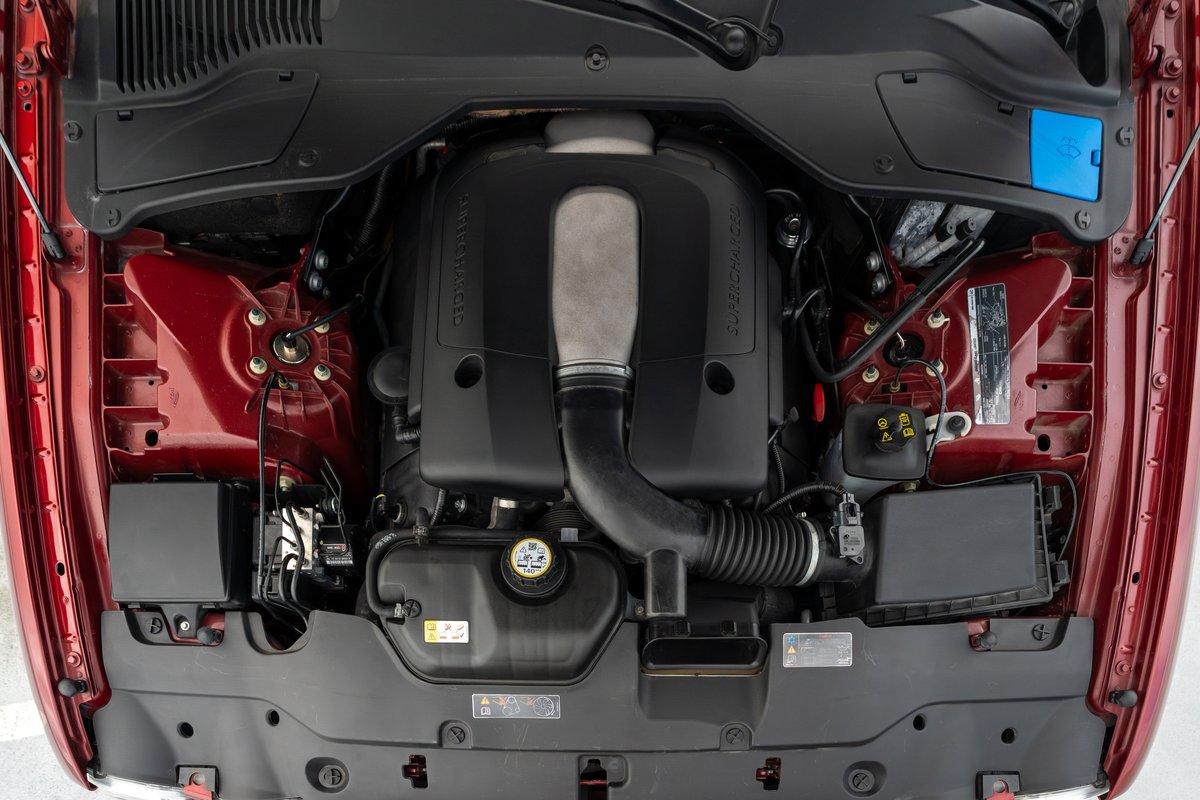 Radiance Red 2006 Jaguar XJR engine bay, V8 supercharged.