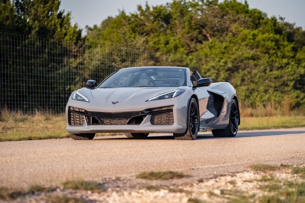 Sea Wolf Gray 2025 Corvette Z06 convertible with black rims and trim.