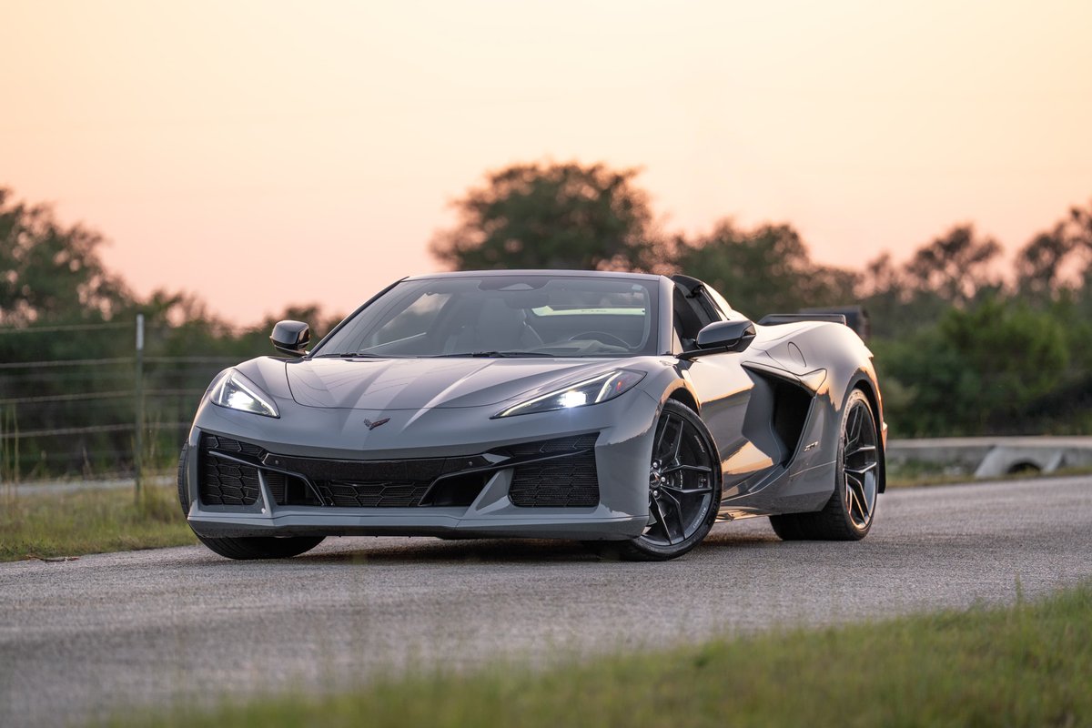 2025 Chevrolet Corvette Z06 convertible in Sea Wolf Gray with black rims and performance trim.