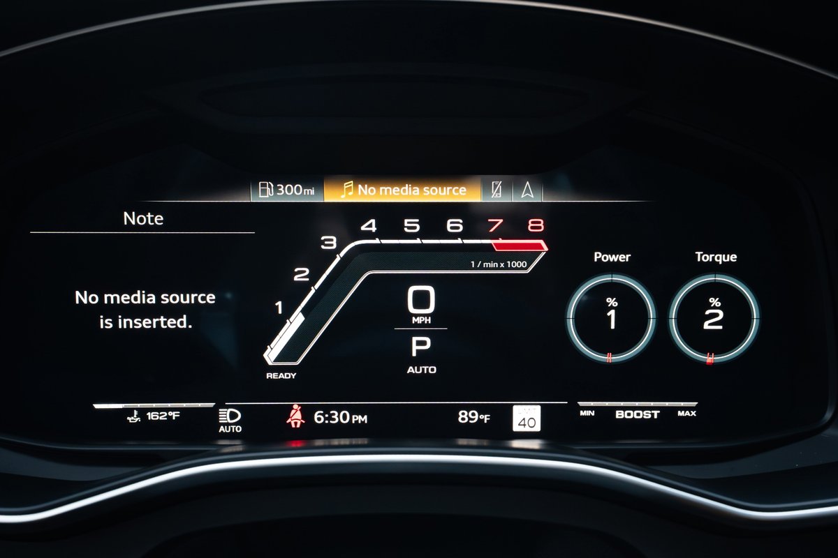 2022 Audi RS6 digital dashboard, Nardo Grey. Displays RPM, speed, power, and torque meters.