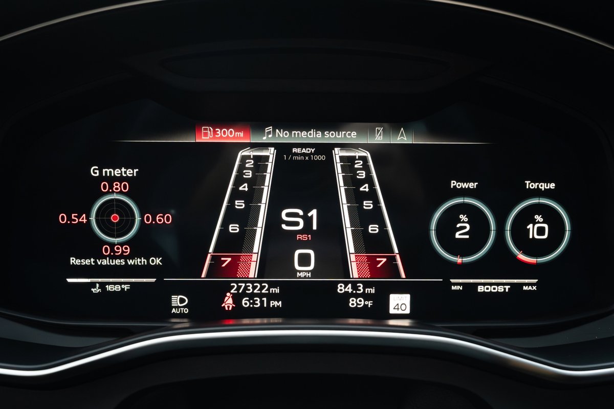Digital dashboard of a Nardo Grey 2022 Audi RS6, showing G meter, gear indicator, power, torque, and mileage.