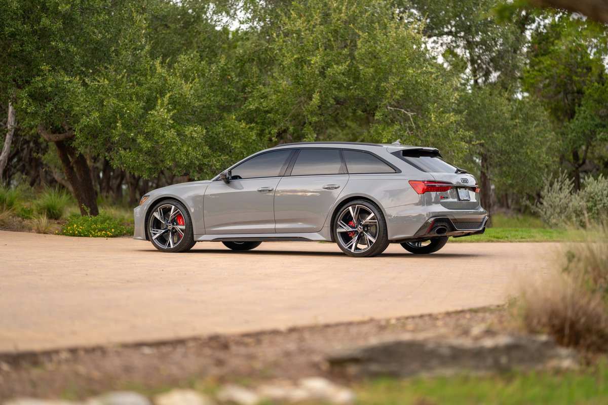 Nardo Grey 2022 Audi RS6 Avant shows off its performance wheels and red brake calipers.