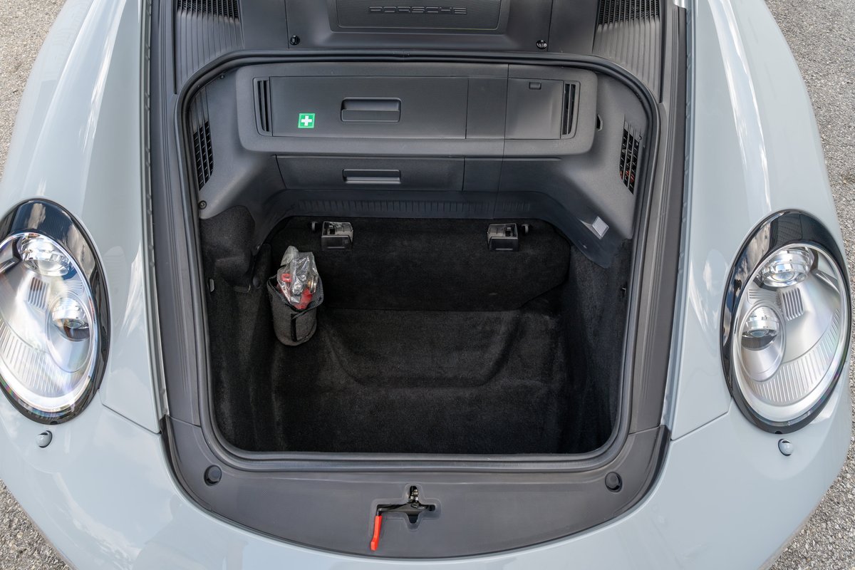 2025 Porsche 911 Sport Classic front trunk with first aid kit.