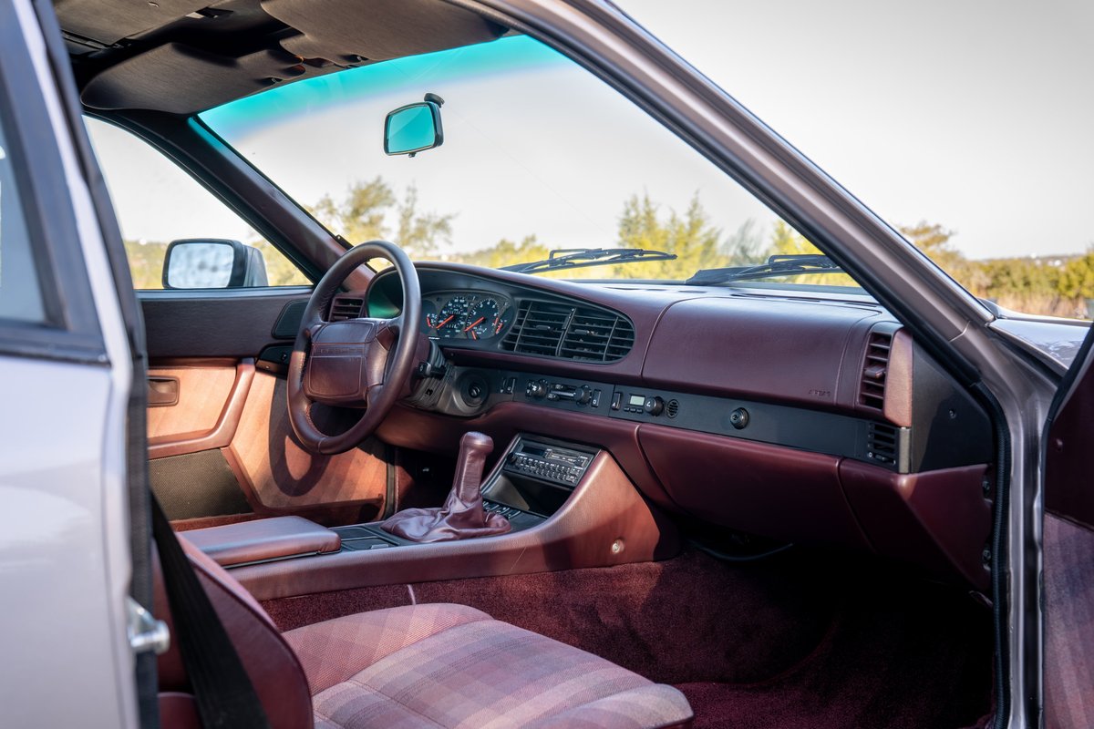 1987 Porsche 944 Turbo S interior, silver exterior, tan and maroon trim.