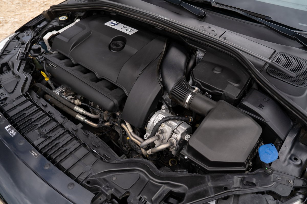 Close-up of the Volvo T5 engine in a 2015 V60 R-Design Polestar.