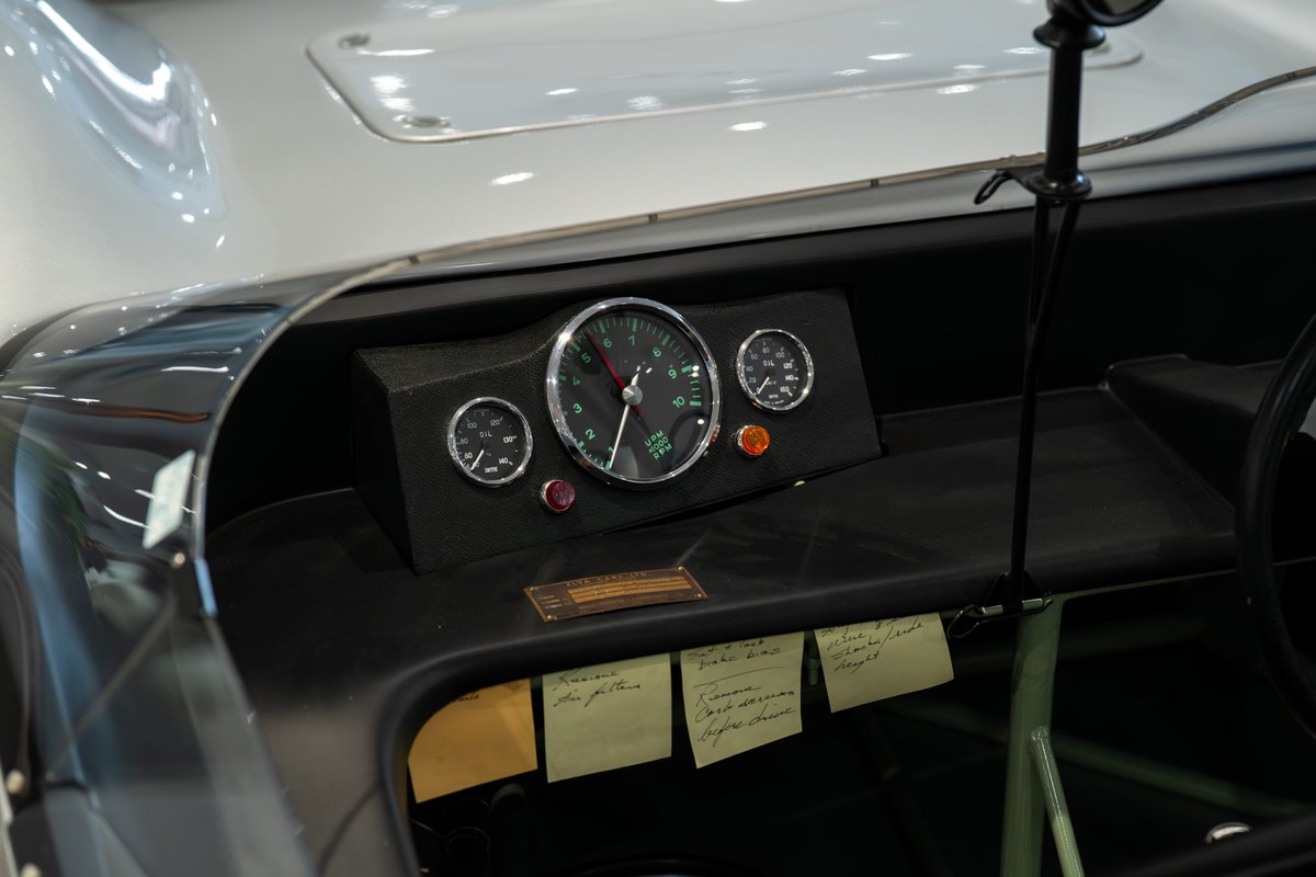 1964 Elva Porsche 4-Cam dashboard with vintage gauges and notes.