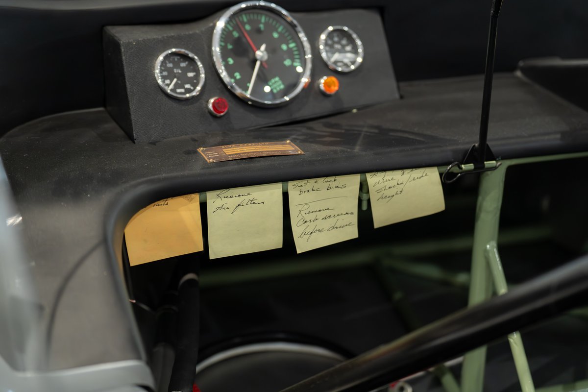 Interior of a 1964 Elva Porsche 4-Cam with notes on the dash.