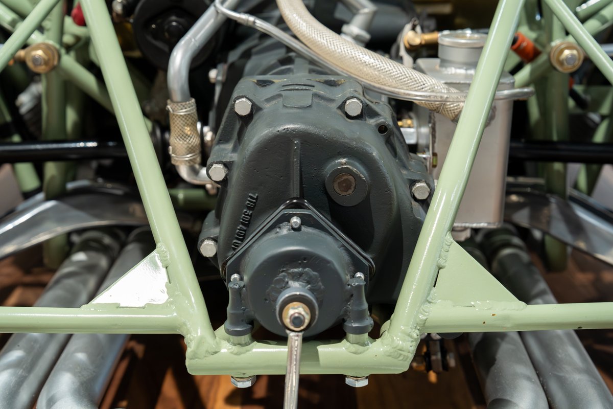1964 Elva Porsche 4-Cam transmission housing and tubular chassis.