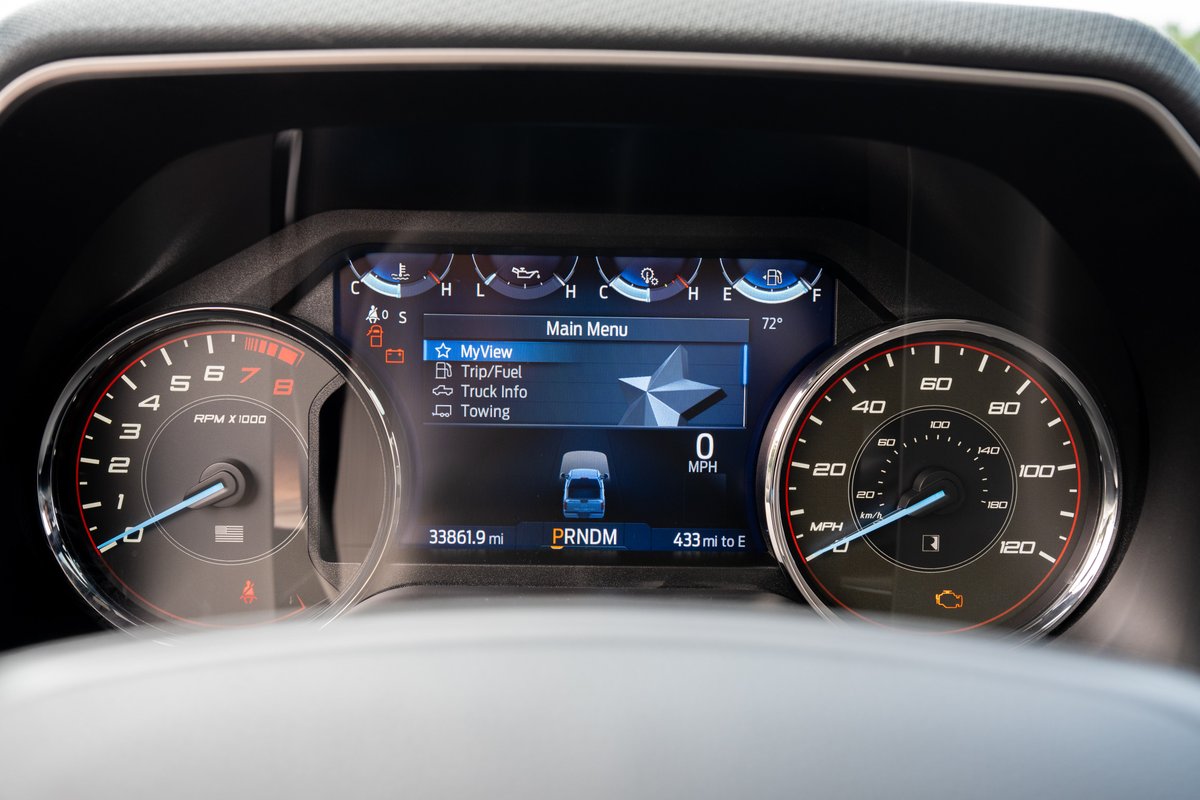 2022 Ford F-150 Roush Red instrument cluster with digital display and analog gauges.