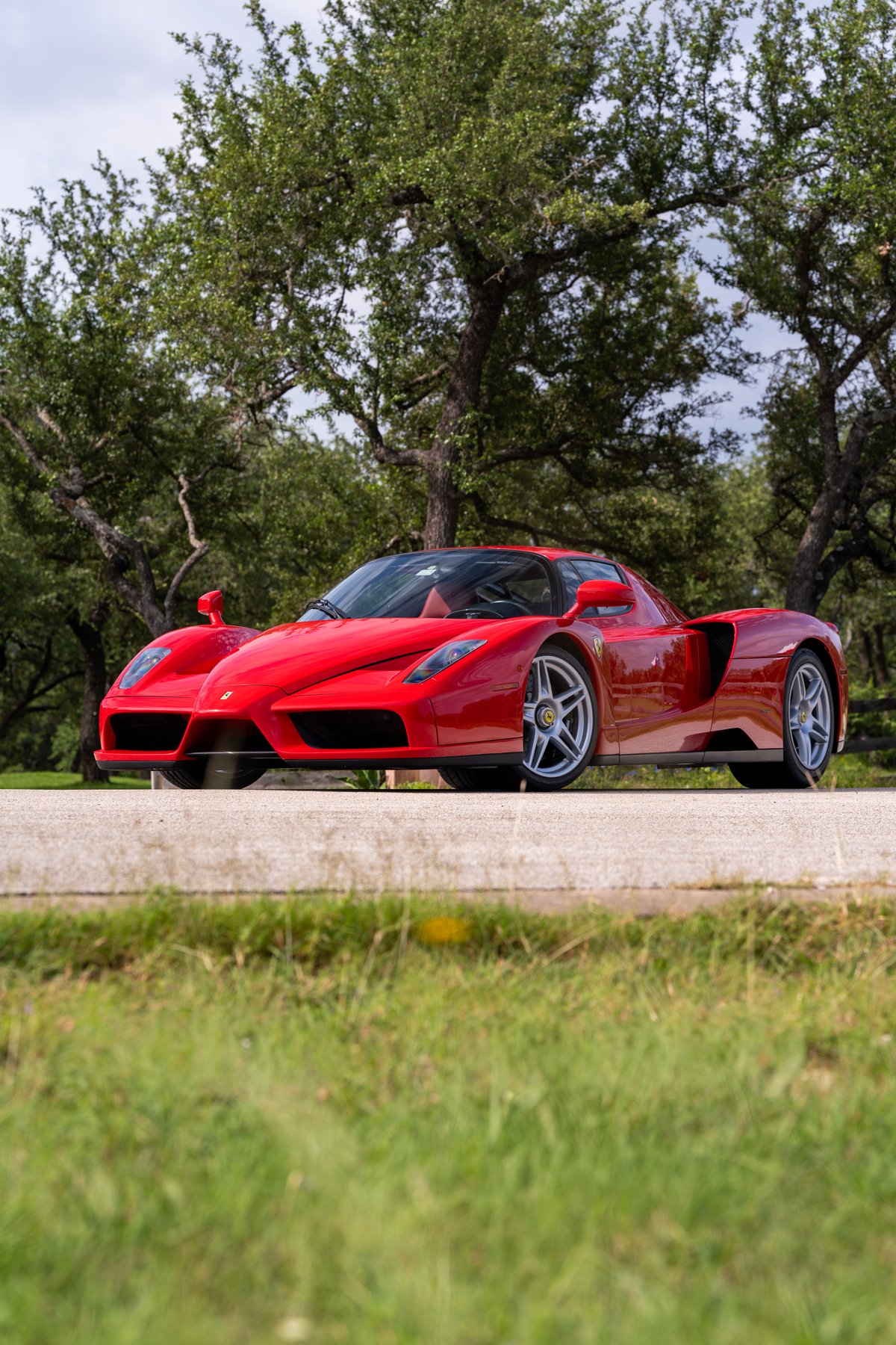 Red 2003 Ferrari Enzo with five-spoke alloy rims, parked outdoors.