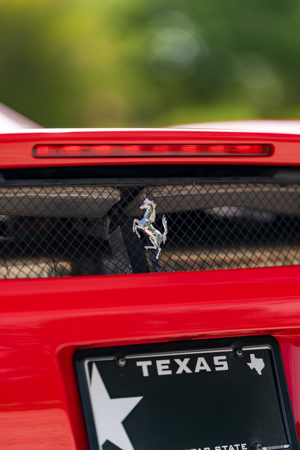 Rear of a red Ferrari Enzo with chrome Prancing Horse emblem on grille. Texas license plate.