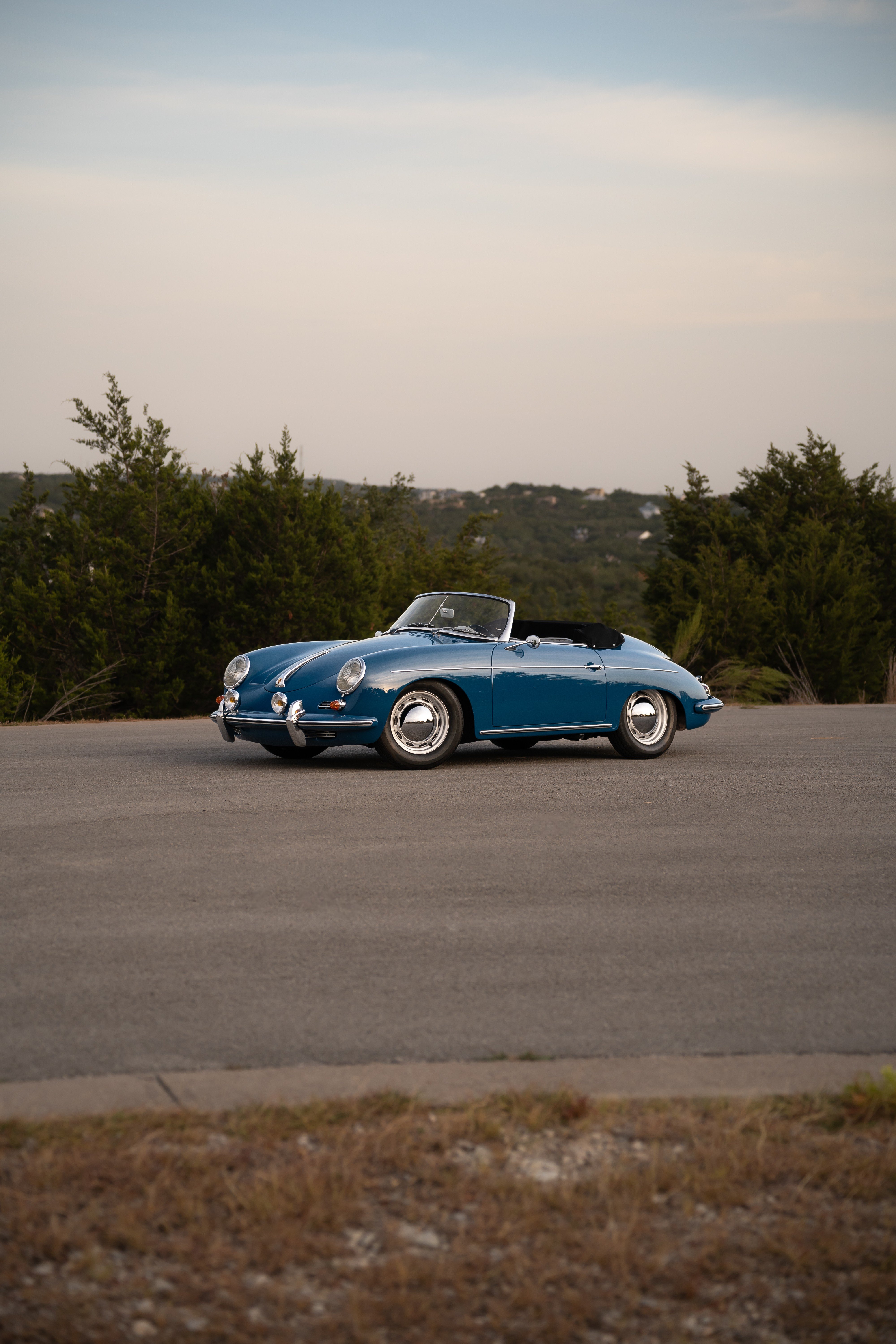 Royal Blue 1960 Porsche 356B Roadster shot in Austin, TX.