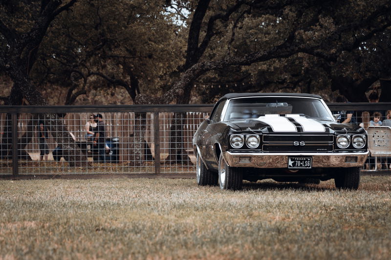 Black 1970 Chevrolet Chevelle SS LS6 convertible with white racing stripes, chrome trim, and rally wheels parked on grass.