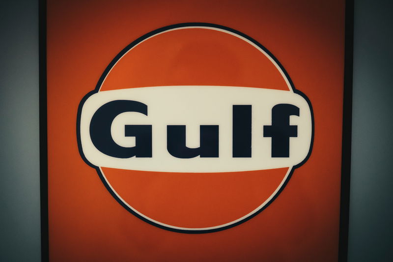 Iconic Gulf racing logo: orange, white & dark blue. Key graphic for legendary car liveries at the LA show.