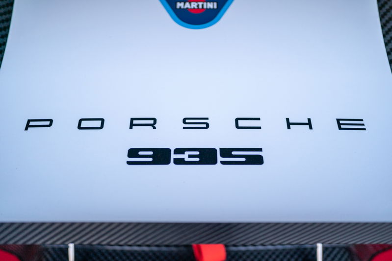 Close-up of the Porsche 935 livery with Martini branding.
