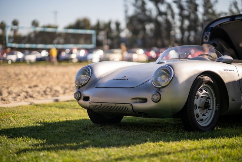 Silver Porsche 550 Spyder with period-correct steel rims at LIT Show Los Angeles.