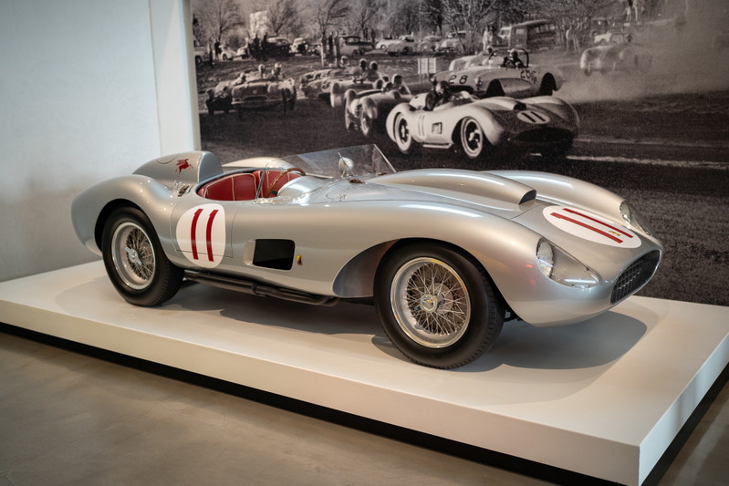 1957 Ferrari 625/540 TRC, silver with red race livery, wire-spoke rims.
