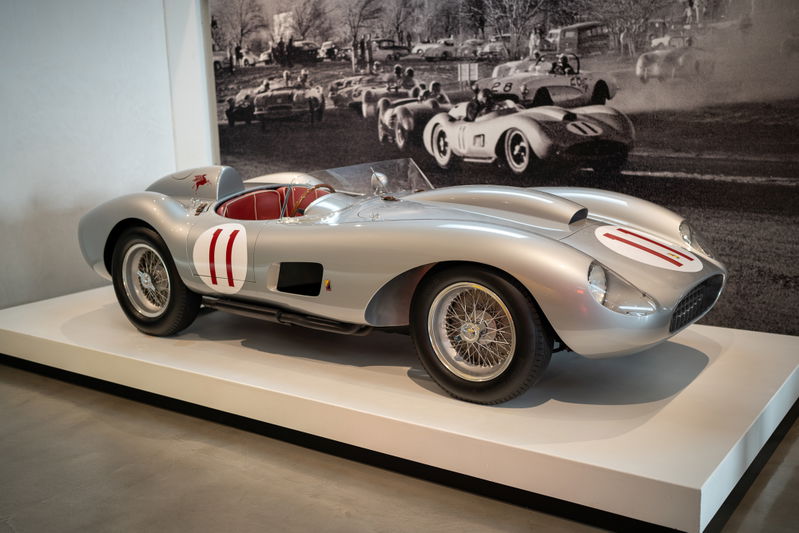 1957 Ferrari 625/540 TRC, silver with red race livery, wire-spoke rims.