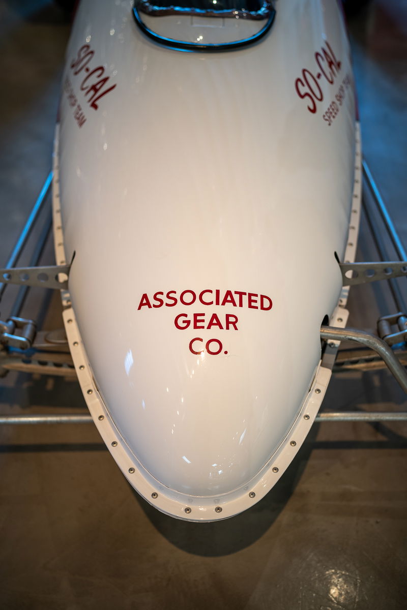 White So-Cal Speed Shop land speed record car, with red "Associated Gear Co." livery.