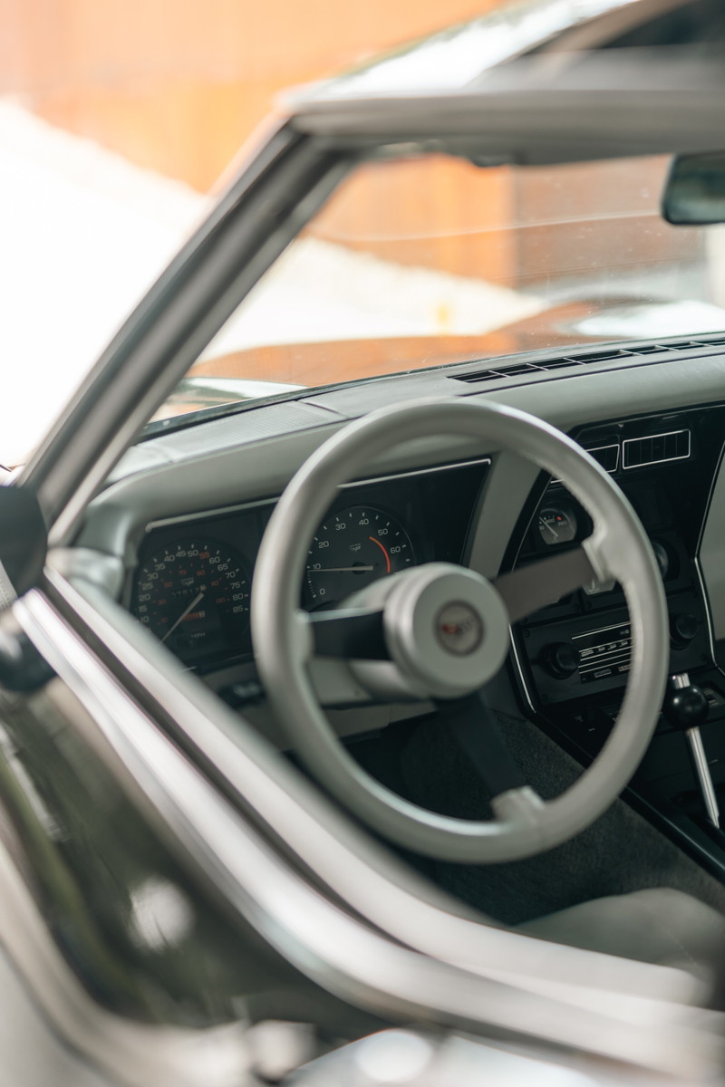 1982 Chevrolet Corvette Stingray interior. Close-up of the beige steering wheel, dashboard, and gauges.