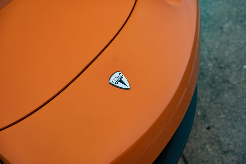 Close up of the Tesla badge on the hood of a metallic orange 2010 Tesla Roadster.