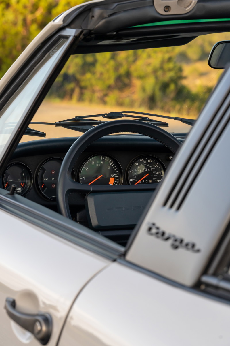 1987 Porsche 911 Carrera Targa interior. Marble Grey Targa trim detail and dashboard gauges.