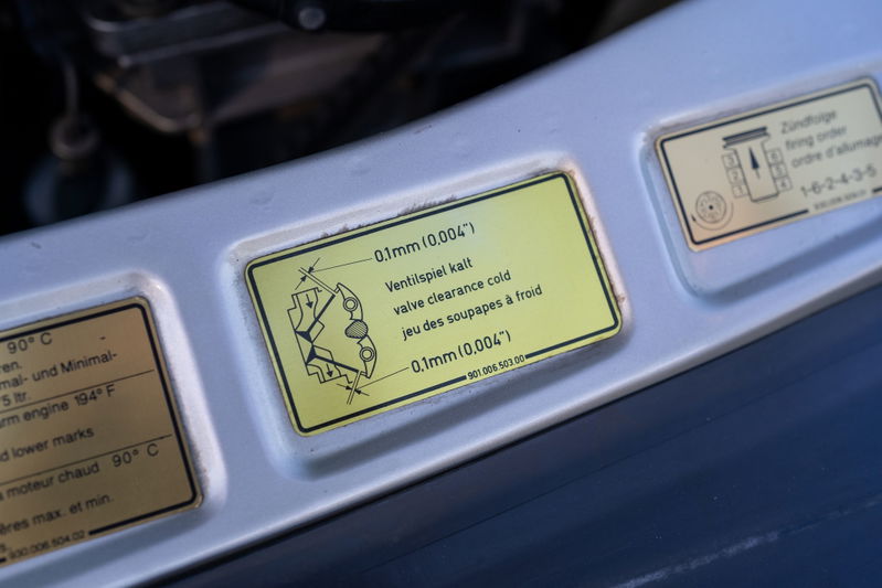 1987 Porsche 911 Carrera G50 valve clearance sticker detail. Silver metallic finish.
