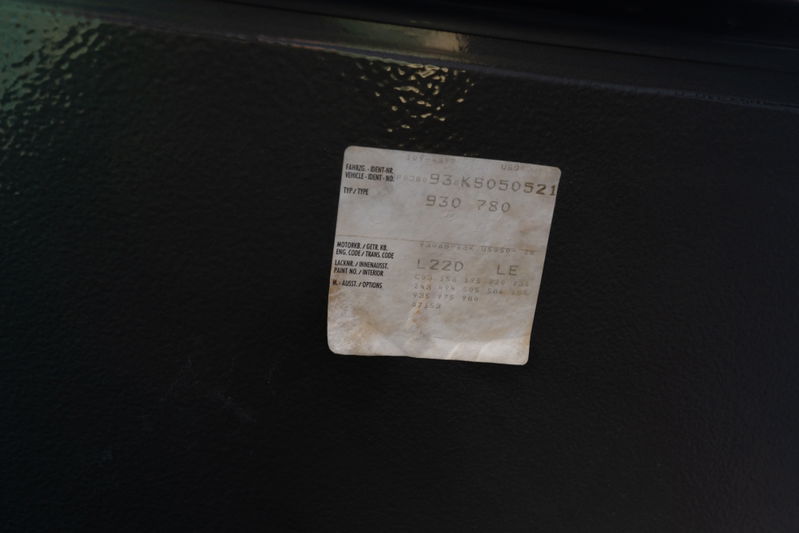 1989 Porsche 930 Turbo Flachbau VIN sticker, slate grey metallic paint, black trim.