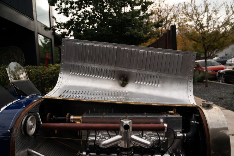 Blue 1927 Pur Sang Bugatti Type 35 engine and hood details.