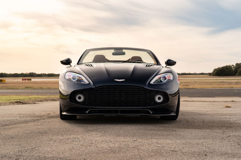 Front view of an Orient Blue 2018 Aston Martin Vanquish Zagato convertible, showcasing its bold grille and distinctive headlights.
