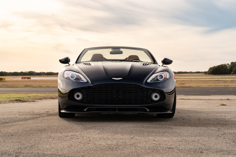Front view of an Orient Blue 2018 Aston Martin Vanquish Zagato convertible, showcasing its bold grille and distinctive headlights.