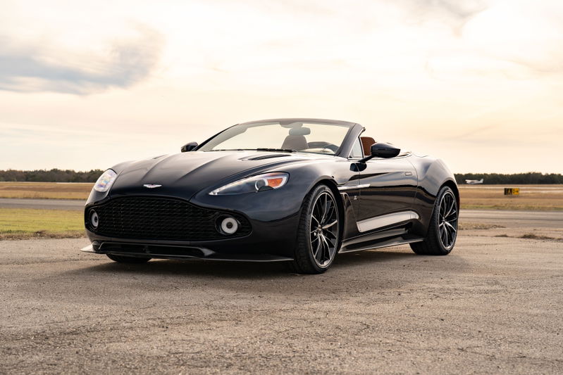 Orient Blue 2018 Aston Martin Vanquish Zagato Volante with black mesh grille and alloy rims.