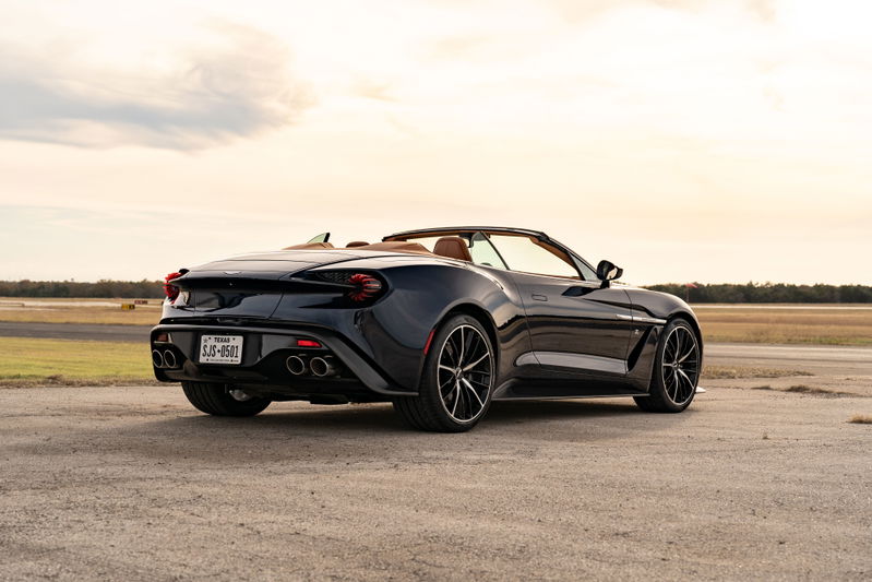 2018 Aston Martin Vanquish Zagato Volante in Orient Blue, black multi-spoke rims, quad exhaust.