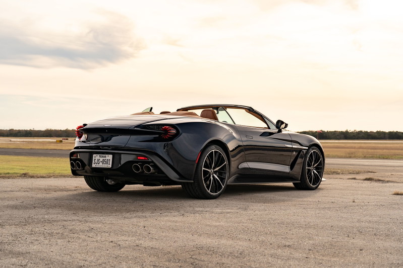 2018 Aston Martin Vanquish Zagato Volante in Orient Blue, black multi-spoke rims, quad exhaust.